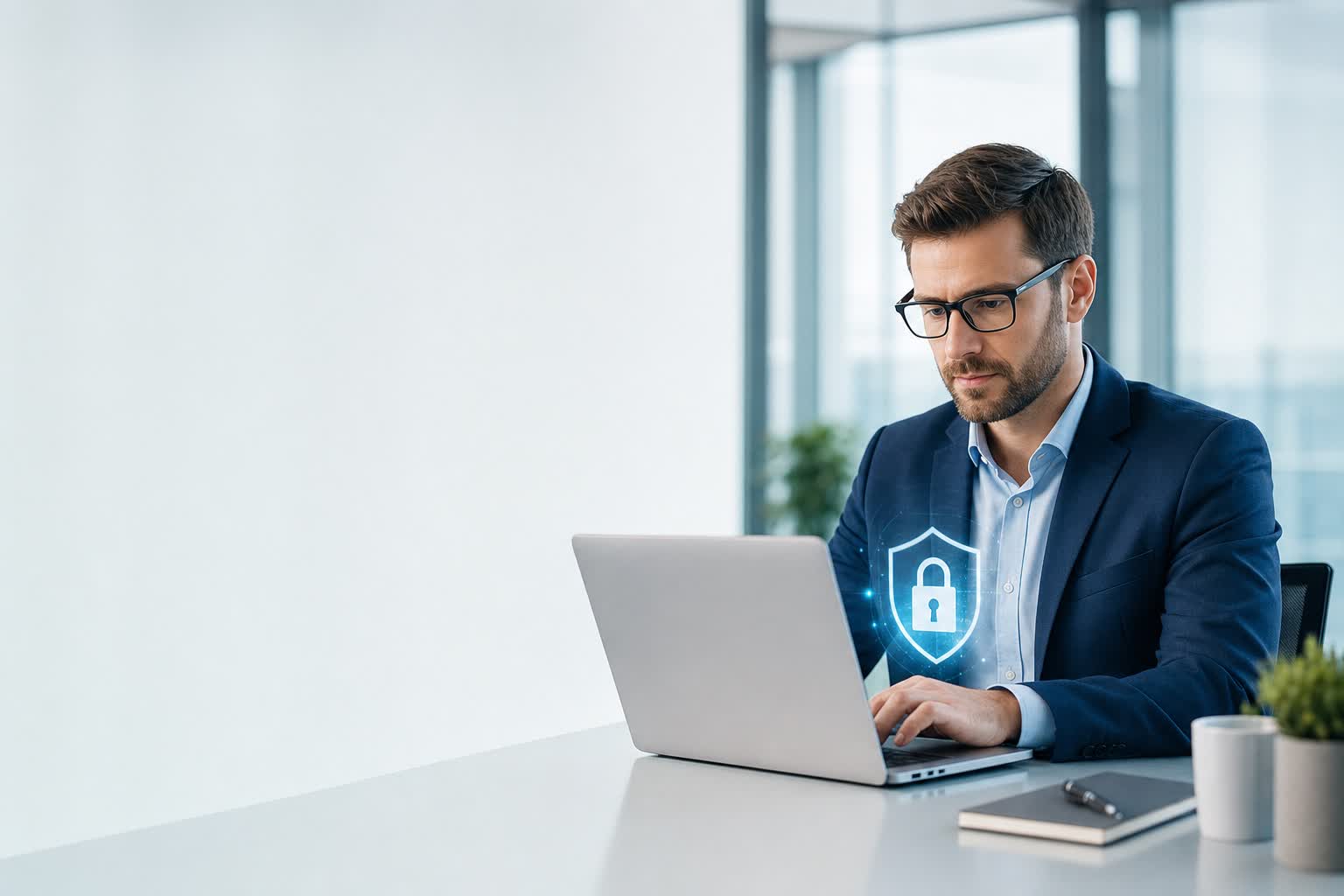 Fachkraft am Laptop mit digitalem Schutzschild-Symbol für Datensicherheit