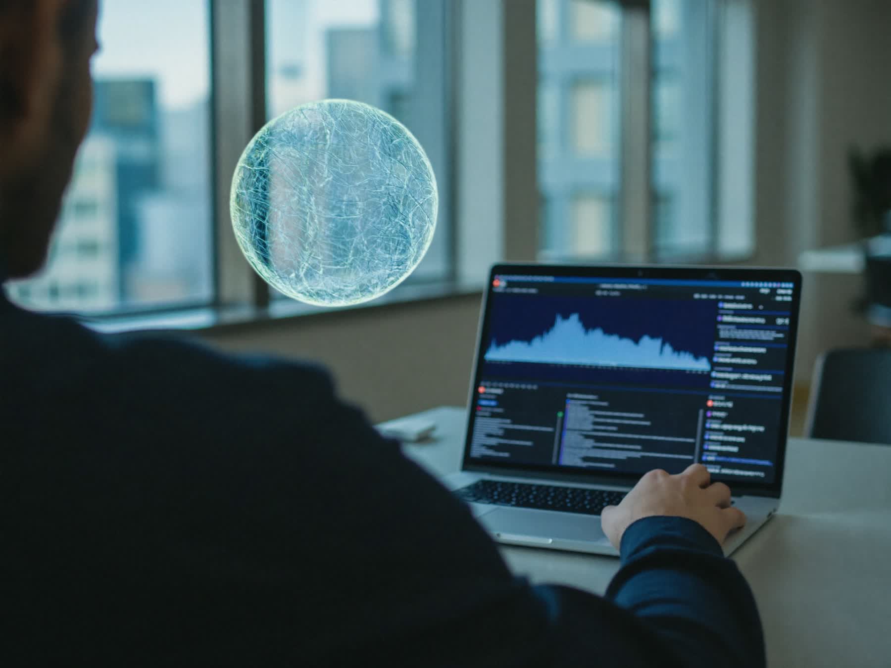 Fachkraft am Laptop mit leuchtender Neuronen-Sphäre als Symbol für KI-Management