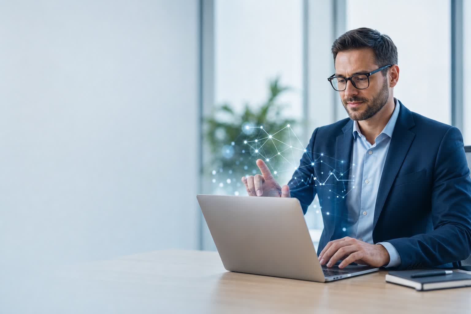 Fachkraft arbeitet am Laptop mit digitaler KI-/Datenvisualisierung